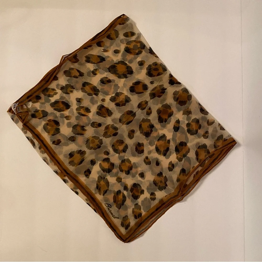 BURMEL SCARF VINTAGE CREAM BROWN BLACK SHEER ANIMAL PRINT HAND ROLLED RECTANGLE